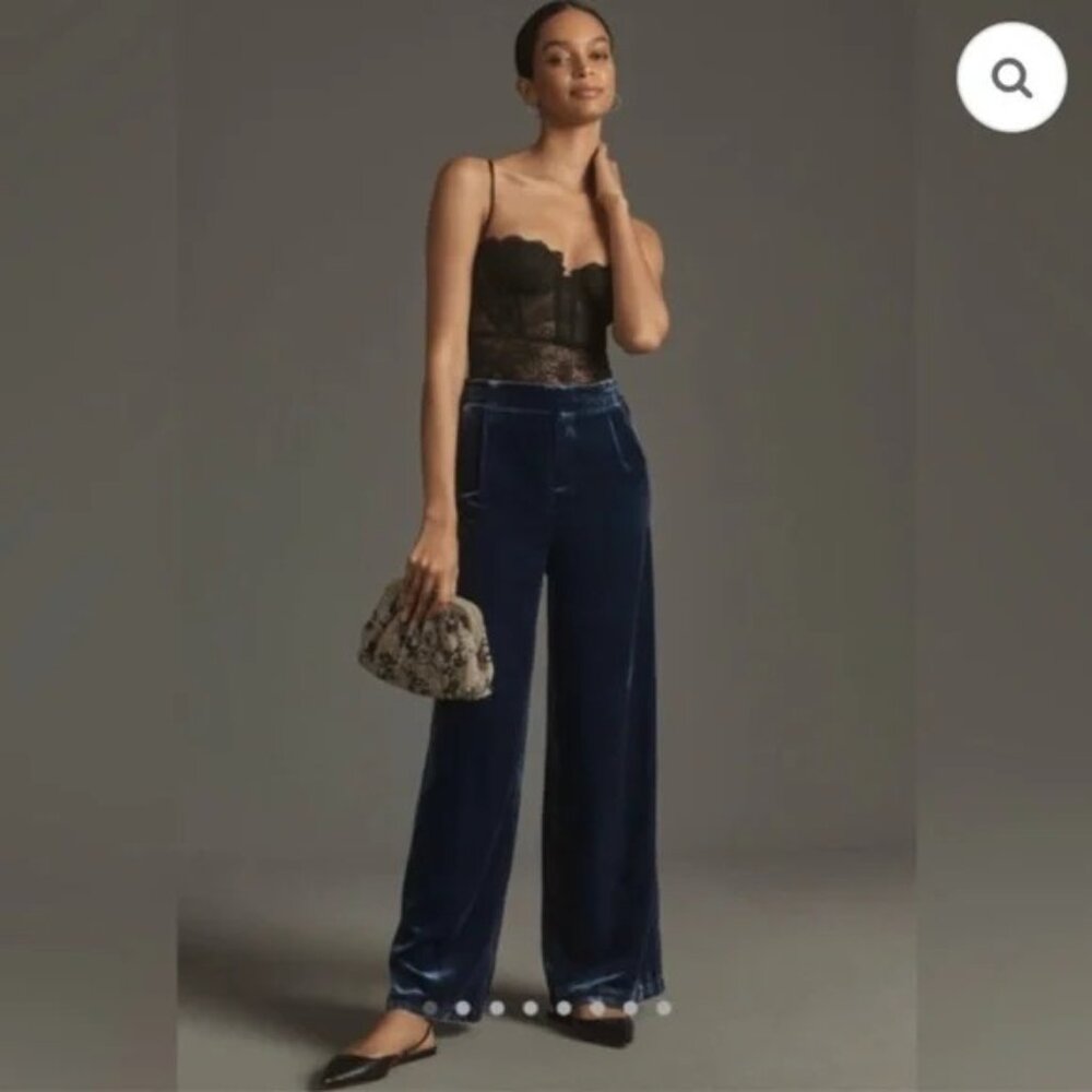 By Anthropologie Wide-Leg Velvet Pants in Navy Blue size Large
